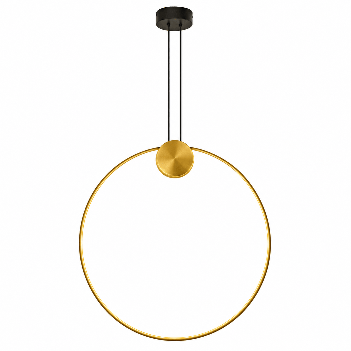 Gold circular pendant light with black ceiling mount and cords