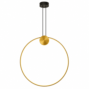 Gold circular pendant light with black ceiling mount and cords