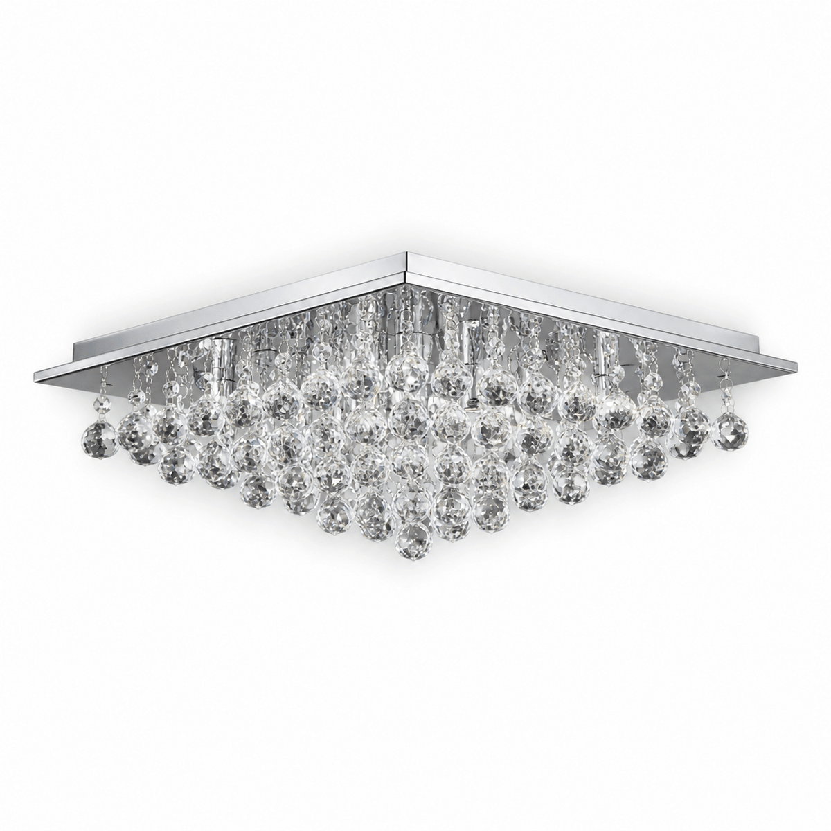 Chrome ceiling light fitting with large square design and K9 crystal accents, showcasing multiple hanging crystals.