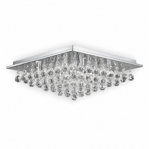 Chrome ceiling light fitting with large square design and K9 crystal accents, showcasing multiple hanging crystals.