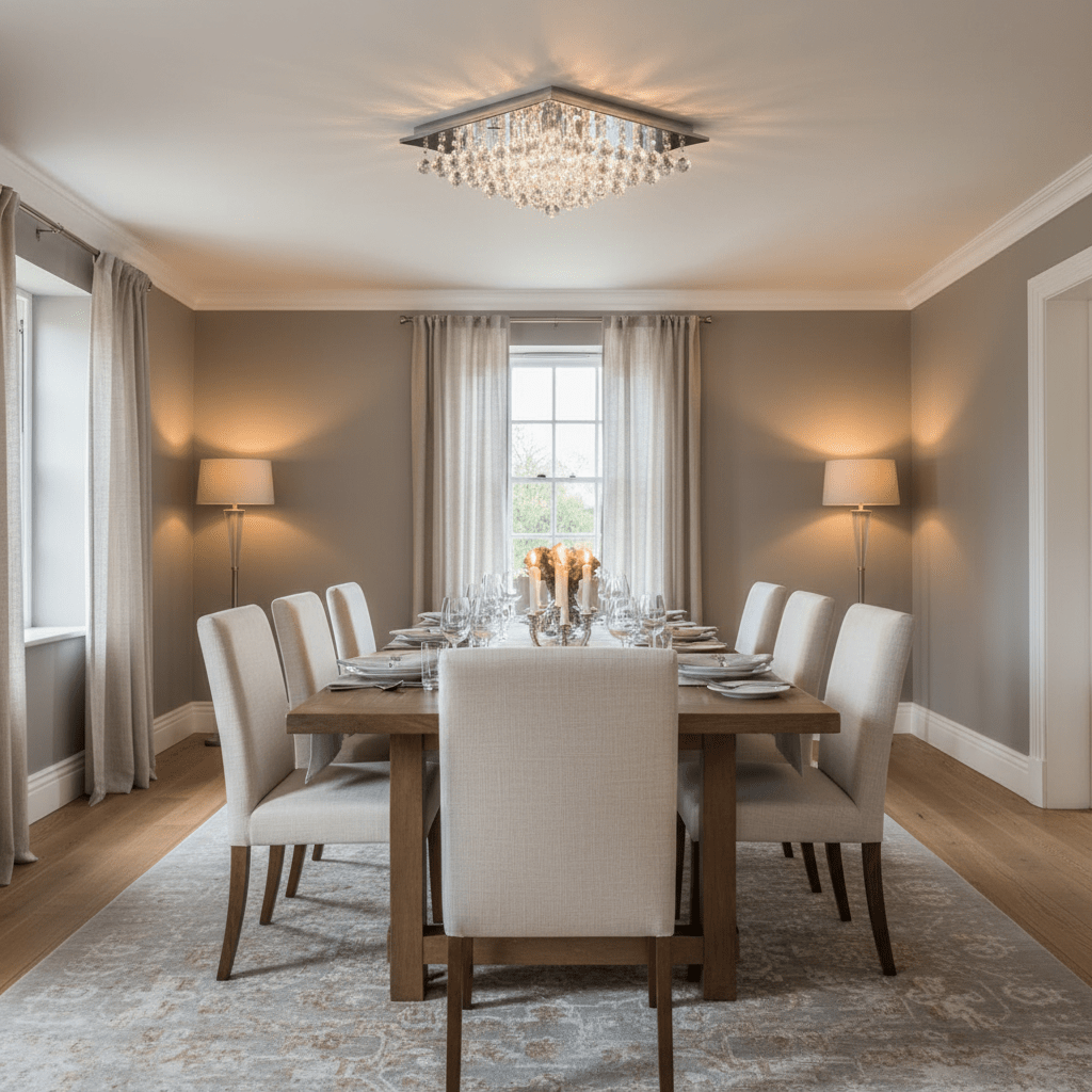 A stylish dining room featuring a large square crystal ceiling light above a wooden dining table set for a meal.