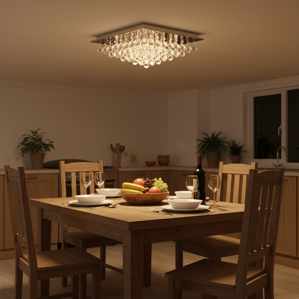 A stylish ceiling light with crystal accents illuminating a wooden dining table set with fruit and wine.
