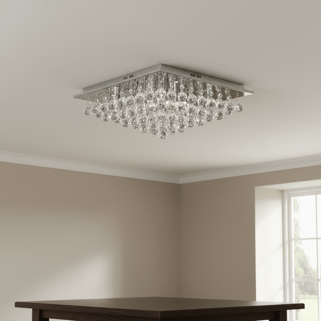 Chrome ceiling light with K9 crystal accents, illuminating a room with a modern aesthetic.