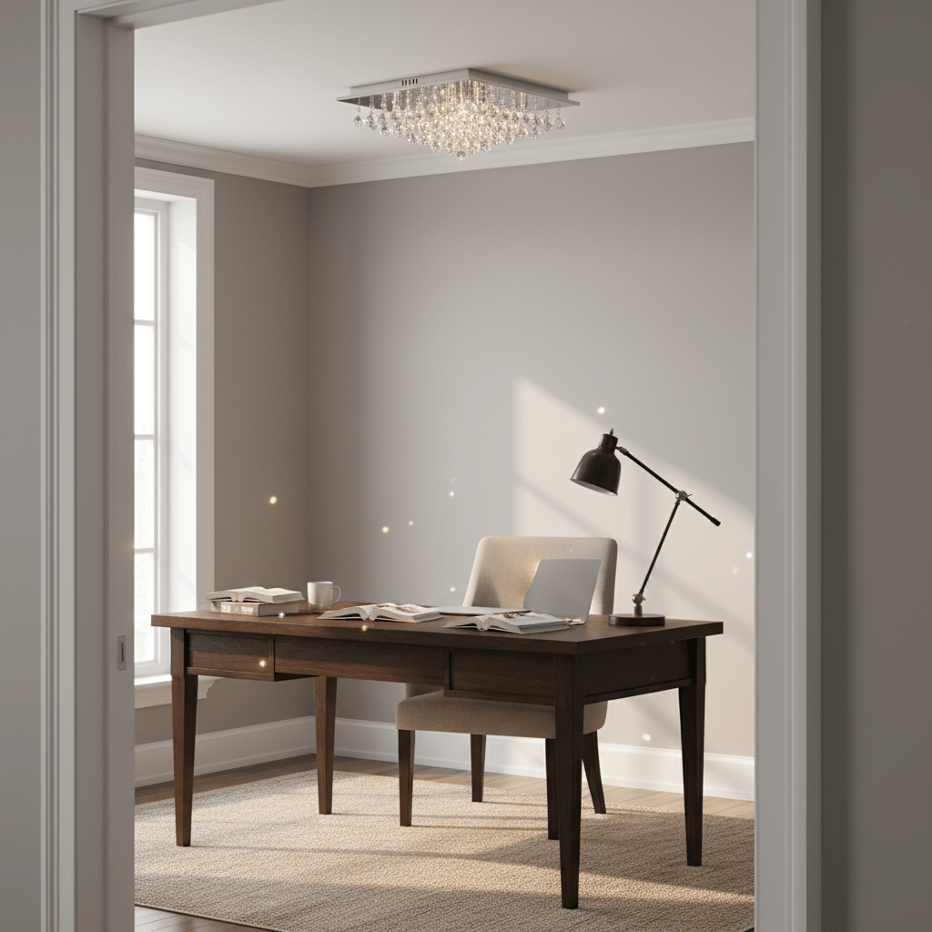 A stylish ceiling light fitting with K9 crystals illuminating a modern office space with a wooden desk and chair.