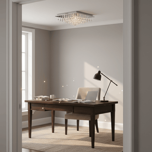 A stylish ceiling light fitting with K9 crystals illuminating a modern office space with a wooden desk and chair.