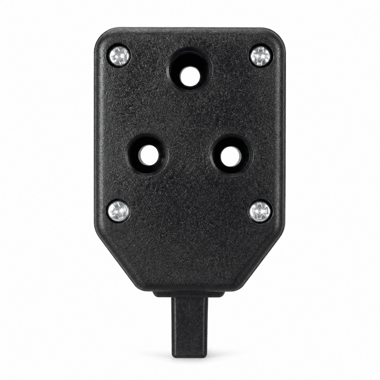 Black nylon double Janus coupler with three connection points and mounting screws.
