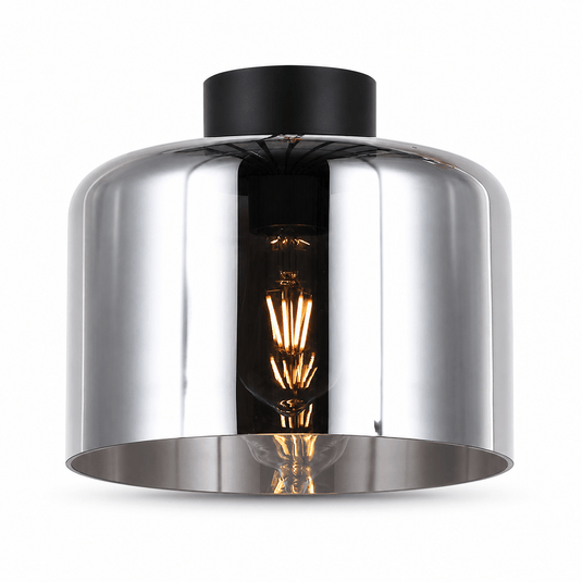 Modern 60W glass drum ceiling light with a sleek metallic finish and visible bulb.