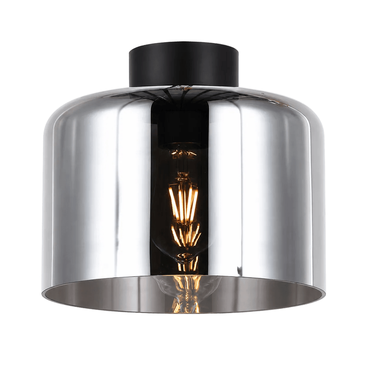 A polished chrome drum-shaped ceiling light with a black top and visible filament bulb inside.