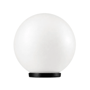 A white spherical light fixture with a textured finish, resting on a black circular base.