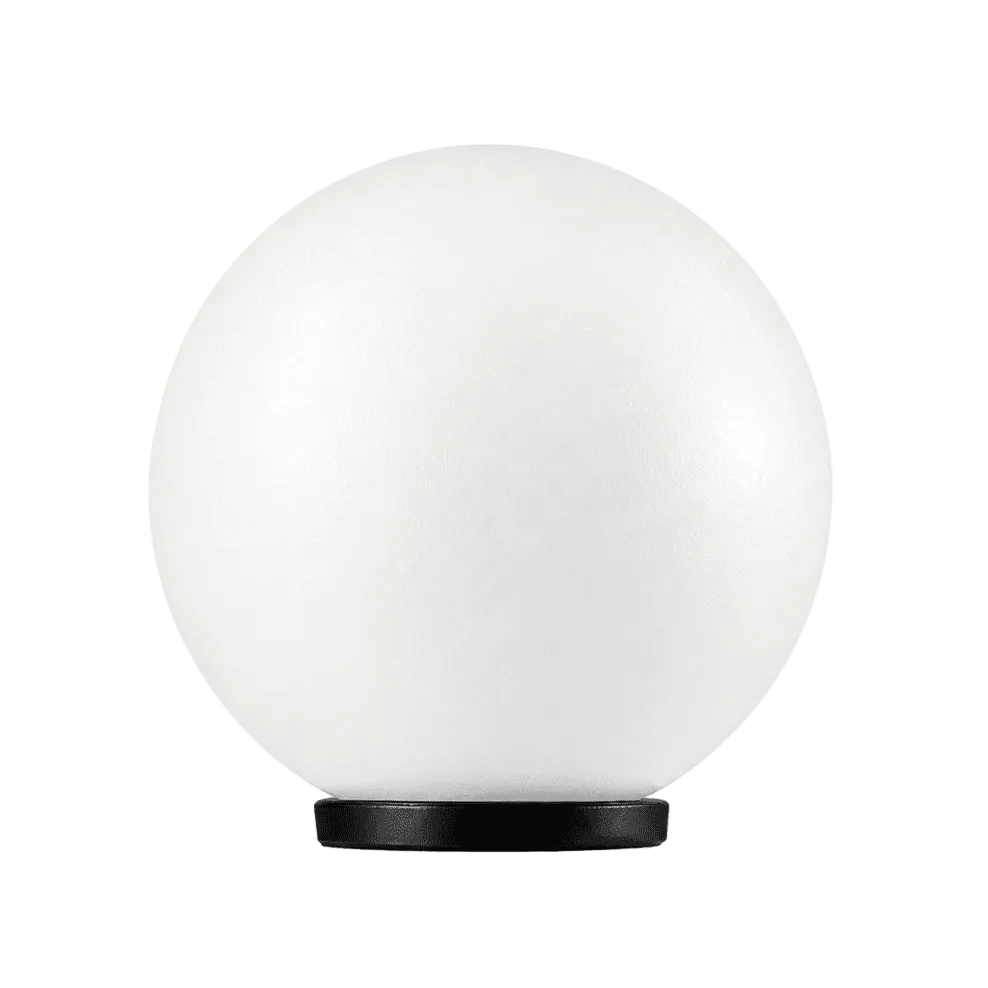 A white spherical light fixture with a textured finish, resting on a black circular base.