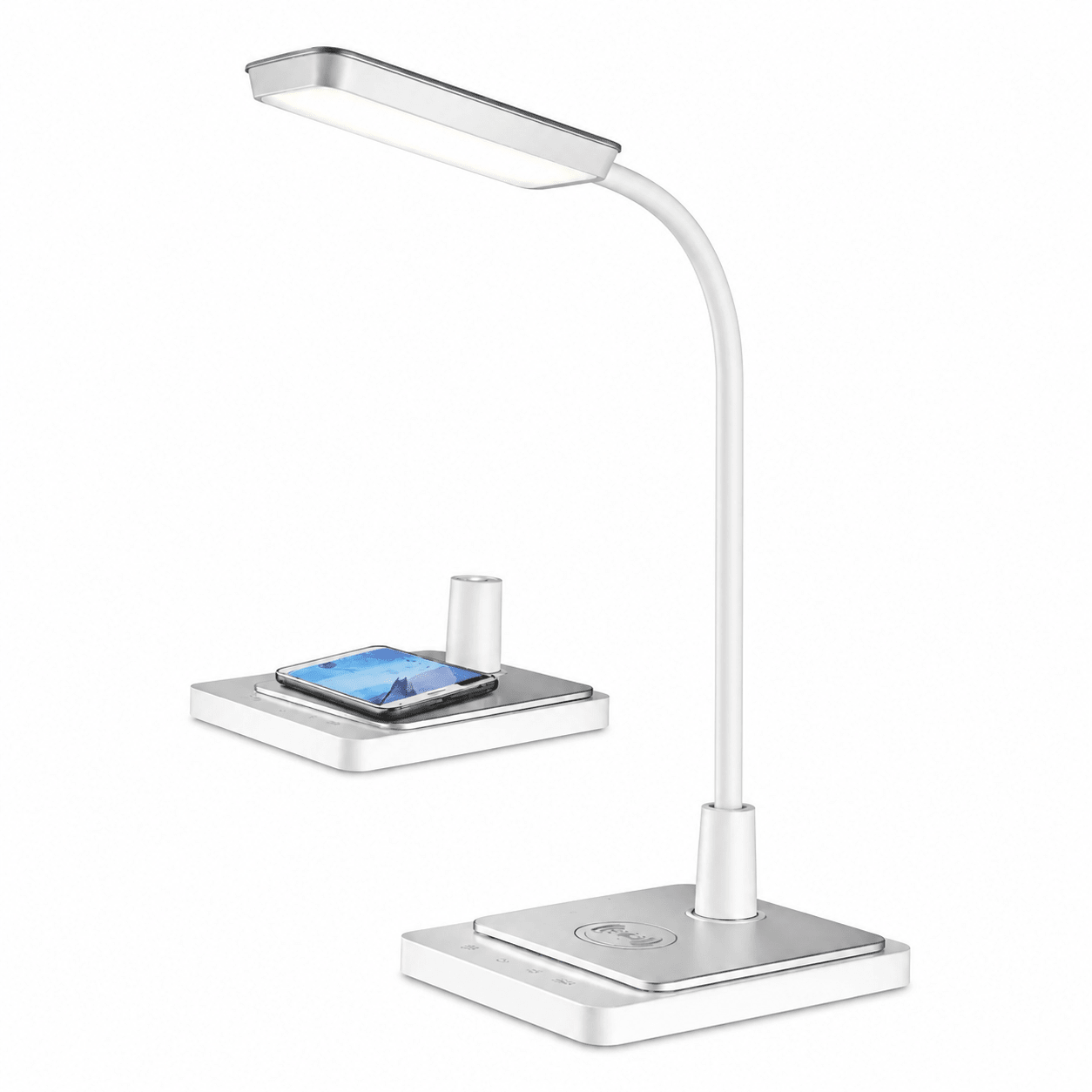 LED Desk Lamp - 8W, Colour Adjustable / Goose Neck / Dimmable / Wireless Charger - White