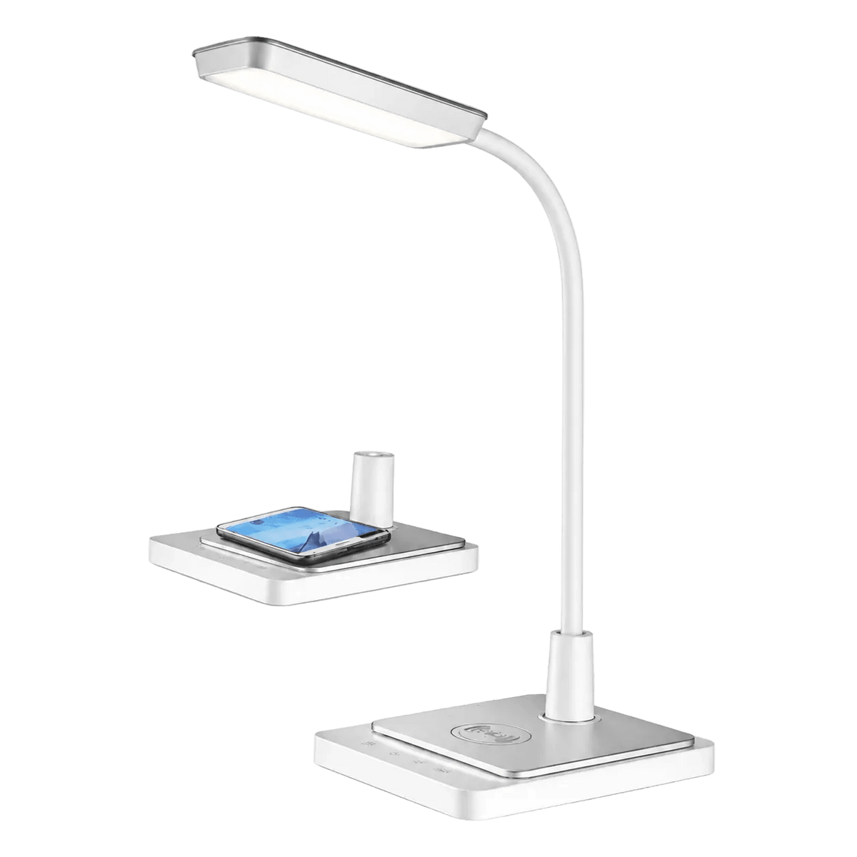LED Desk Lamp - 8W, Colour Adjustable / Goose Neck / Dimmable / Wireless Charger - White