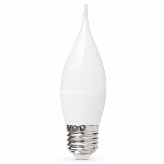 5W Cool White LED flame bulb with a slender decorative shape and E27 base.