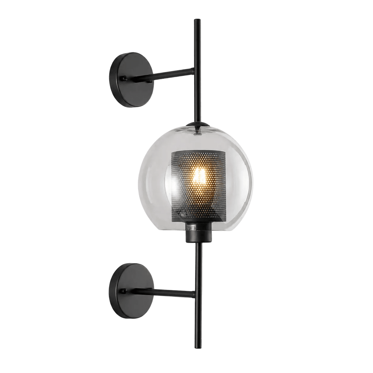 A wall light featuring a smoke glass globe and a black mesh shade, mounted on a black metal arm.