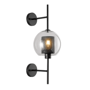 A wall light featuring a smoke glass globe and a black mesh shade, mounted on a black metal arm.
