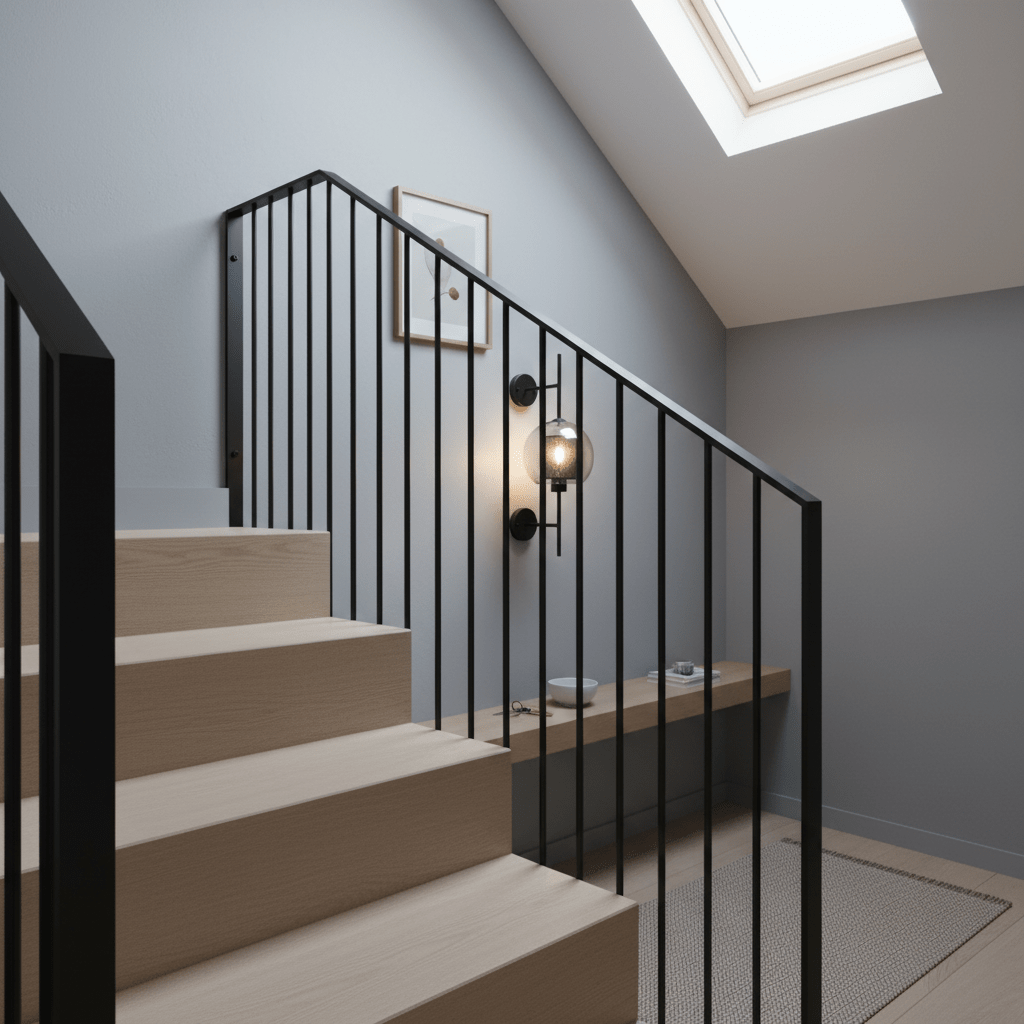 Black New York Ball Wall Light mounted beside a staircase, illuminating the space with a modern touch.