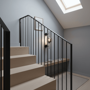 Black New York Ball Wall Light mounted beside a staircase, illuminating the space with a modern touch.
