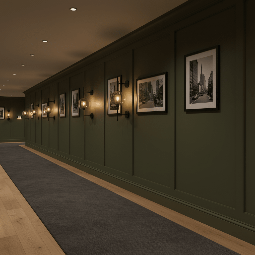 Stylish hallway featuring the Black New York Ball Wall Light alongside framed black and white photos.