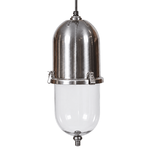 Chrome cylindrical hanging lamp with a frosted glass lower globe
