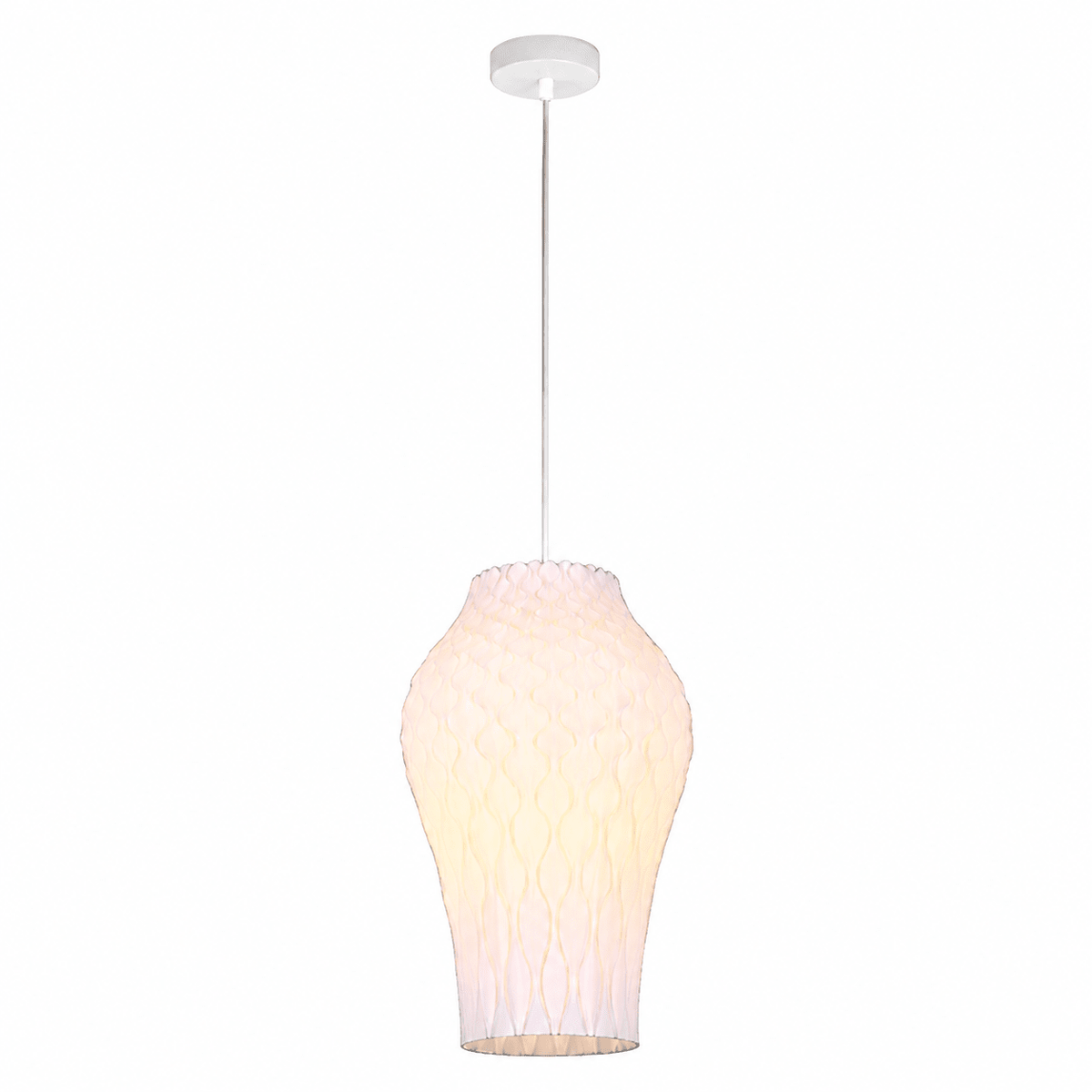 Sculptural white pendant light with a 3D-printed shade, suspended from a ceiling mount.
