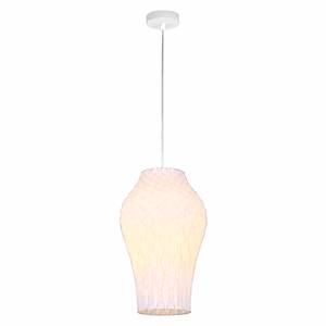 Sculptural white pendant light with a 3D-printed shade, suspended from a ceiling mount.