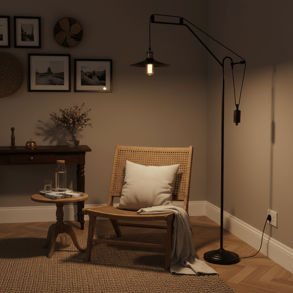 Contemporary black and brass floor lamp beside a rattan chair, creating a cozy reading nook.