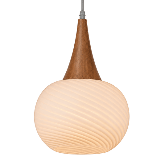 Pendant light with tapered wood fitting and round ribbed frosted glass shade on transparent background