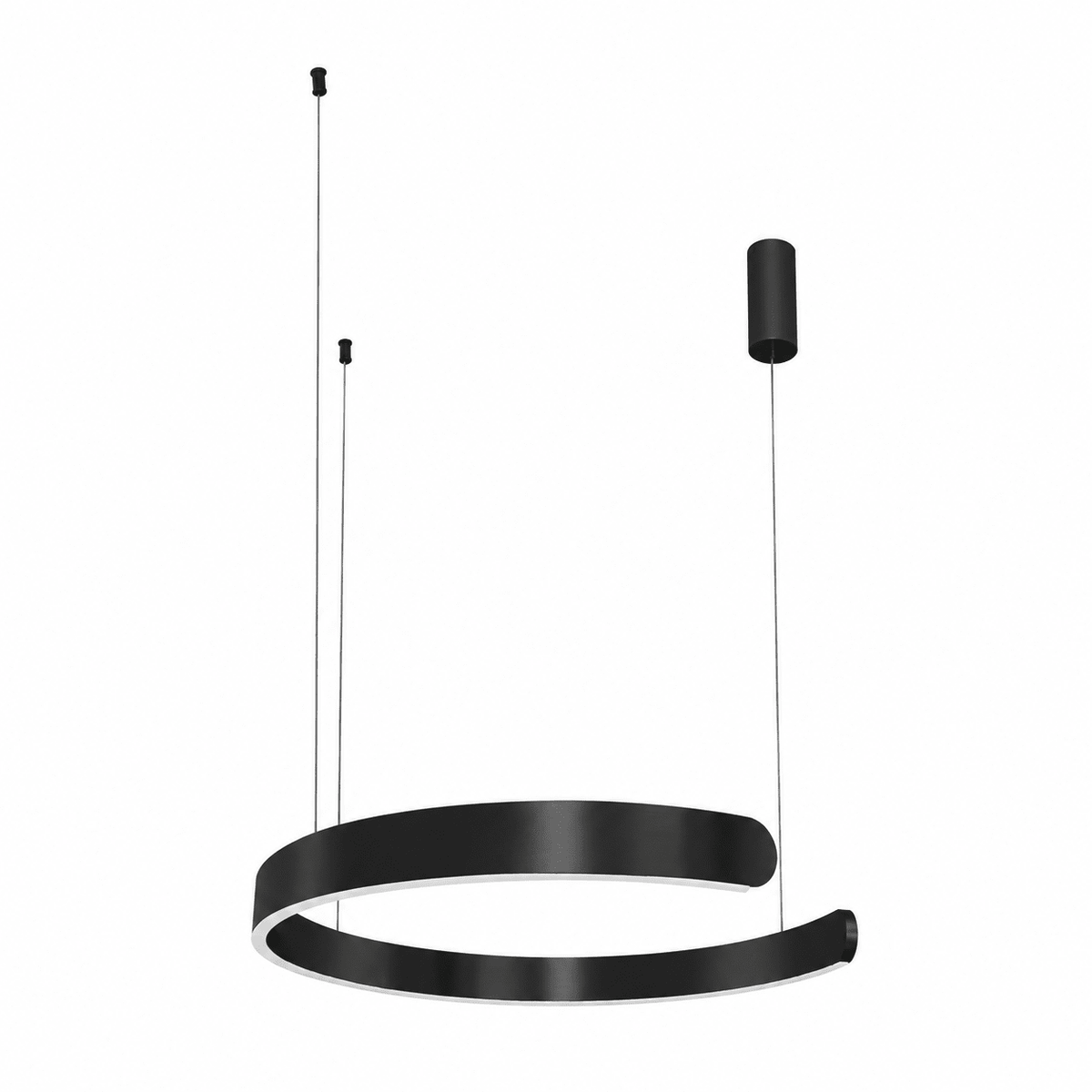 Black LED pendant light with a circular design, suspended by two thin wires from a cylindrical ceiling mount.
