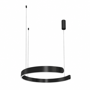 Black LED pendant light with a circular design, suspended by two thin wires from a cylindrical ceiling mount.