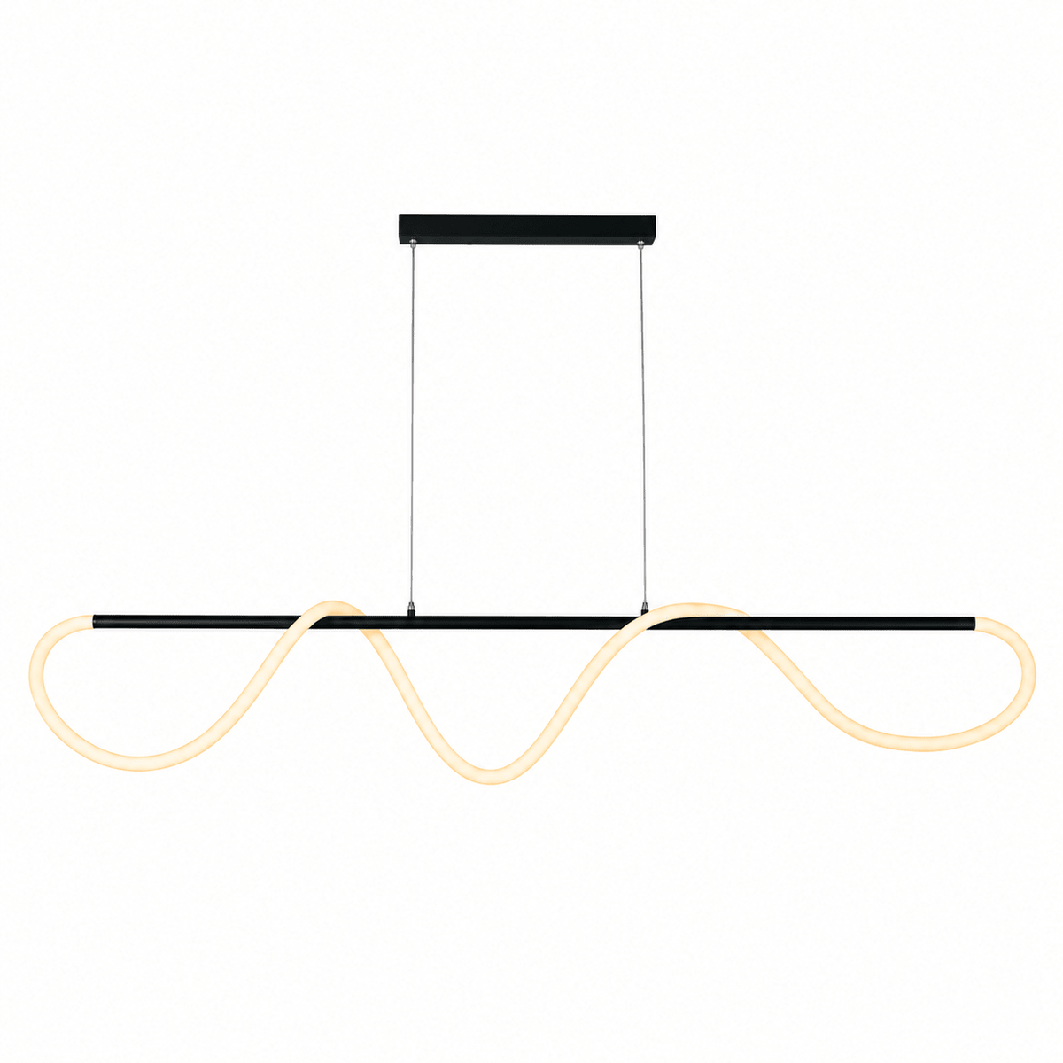 Modern pendant light with black ceiling mount, thin wires, black bar and glowing wavy silicone tube against white background