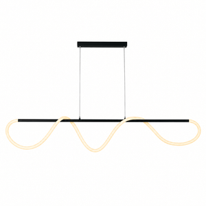 Modern pendant light with black ceiling mount, thin wires, black bar and glowing wavy silicone tube against white background