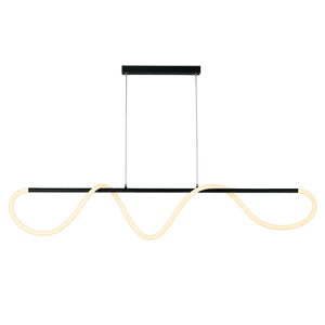 Modern pendant light with black ceiling mount, thin metal rods, black bar, and illuminated wavy silicone tubing