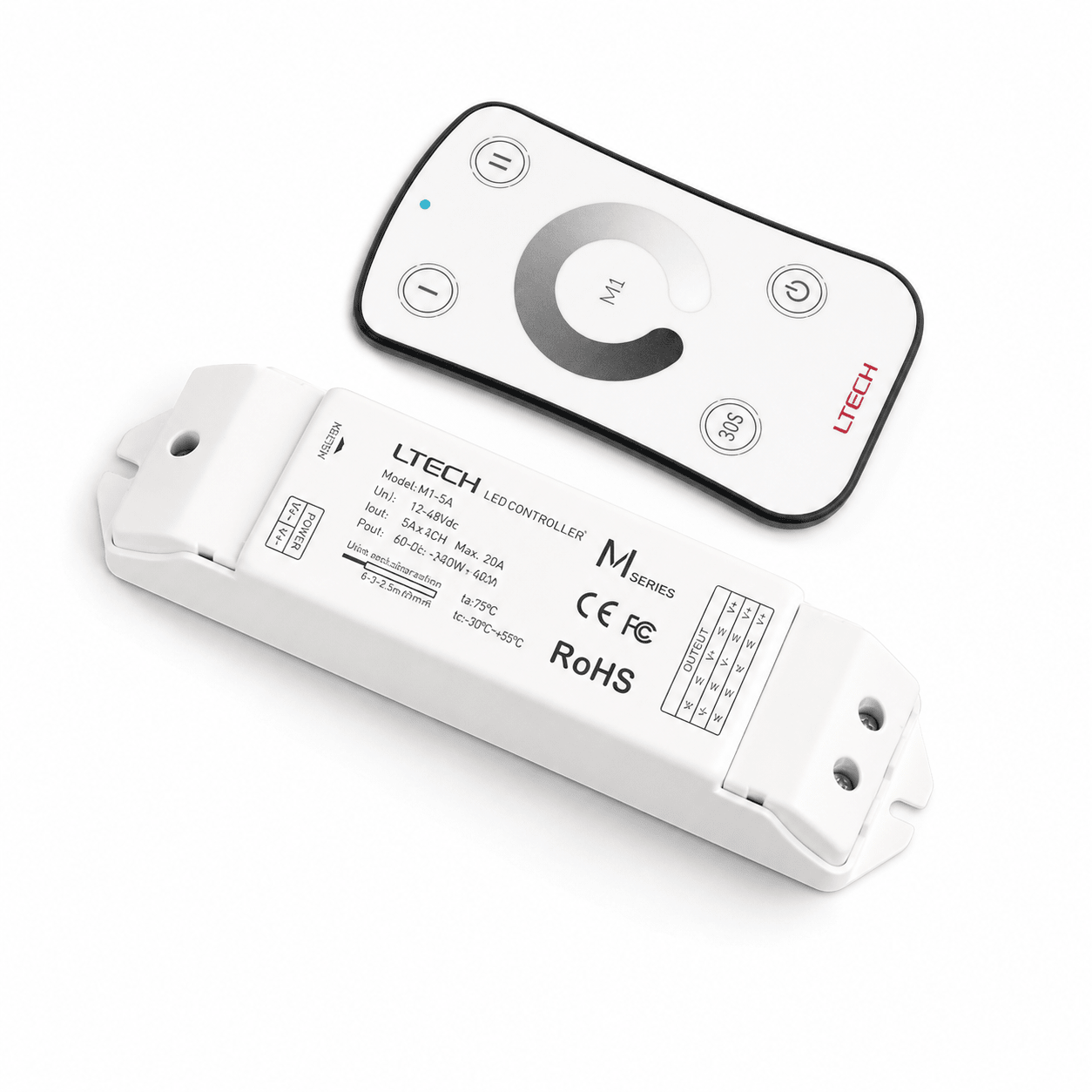 LED striplight controller with remote control, featuring a sleek design and clear labeling.
