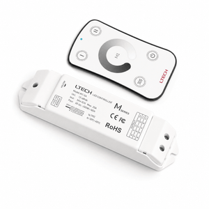 LED striplight controller with remote control, featuring a sleek design and clear labeling.