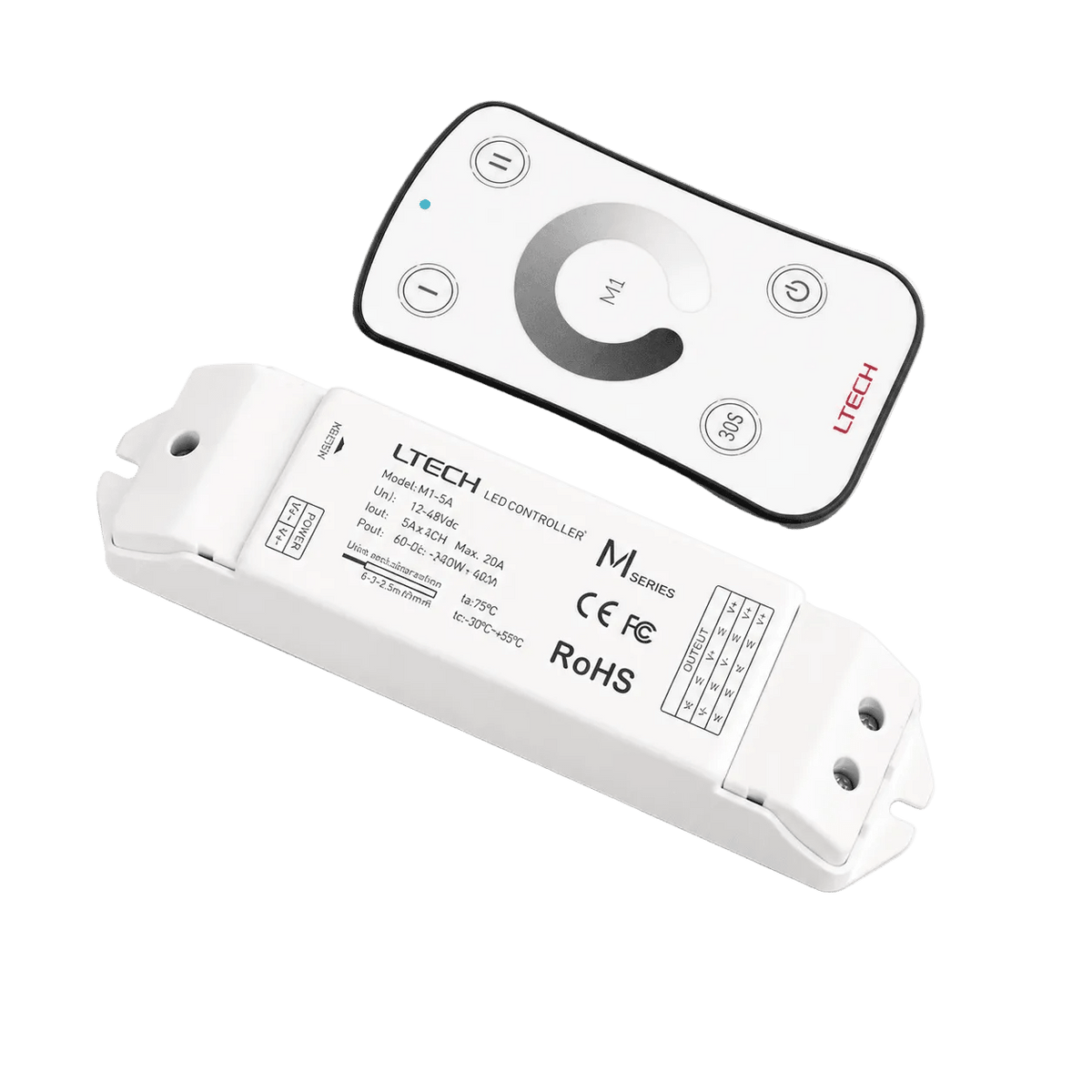 A white LED controller with a remote control, both featuring buttons and labels, arranged on a black background.