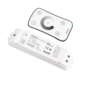 A white LED controller with a remote control, both featuring buttons and labels, arranged on a black background.