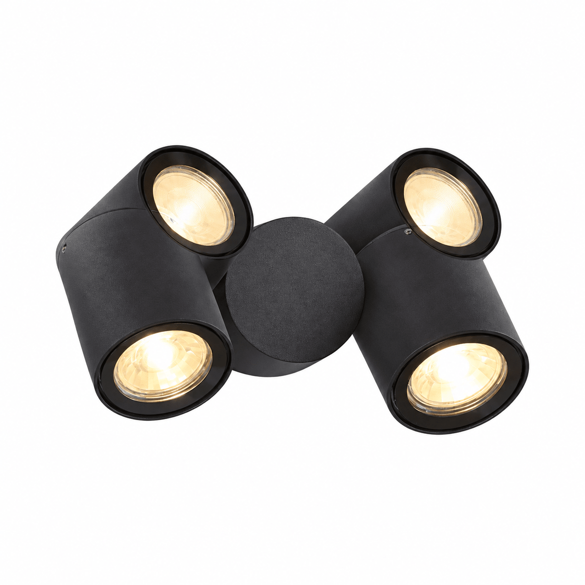 Black double‑adjustable outdoor spot light with two lit heads on a circular base, white background.