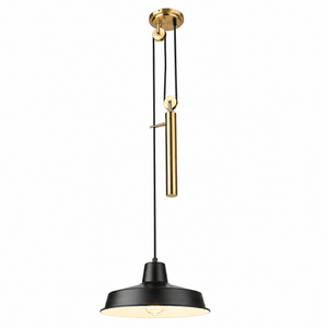 Coleford Black & Brass Pulley Pendant Light featuring a black metal shade and brass accents, suspended from a ceiling mount.