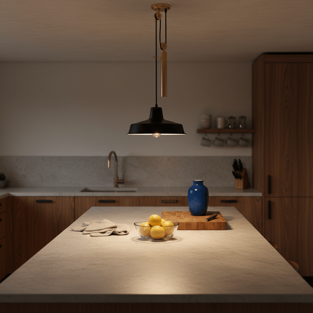 Coleford Black & Brass Pulley Pendant Light illuminating a kitchen island with lemons and a blue vase.