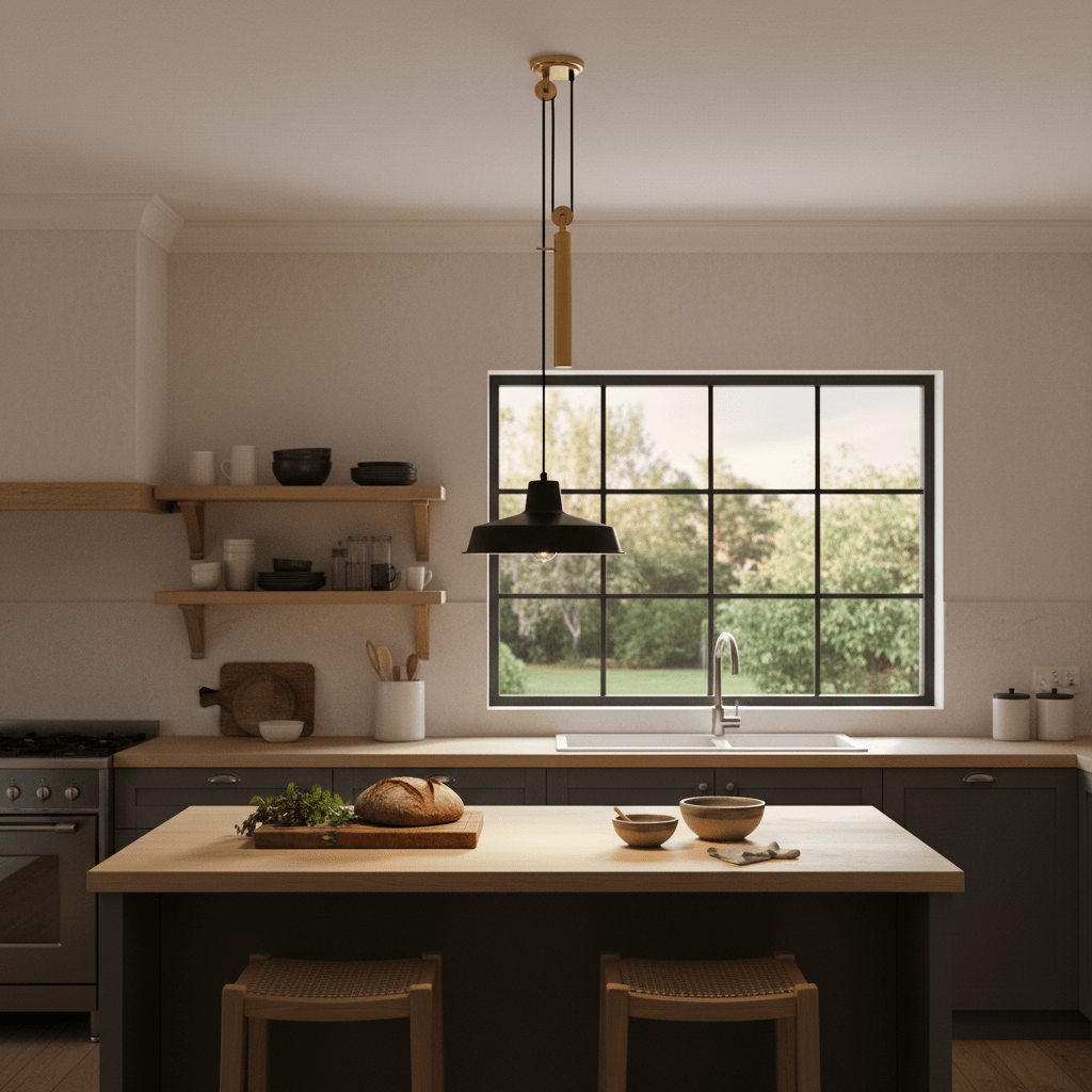 Coleford Black & Brass Pulley Pendant Light hanging over a kitchen island with wooden countertop and bowls.