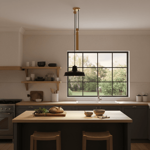 Coleford Black & Brass Pulley Pendant Light hanging over a kitchen island with wooden countertop and bowls.