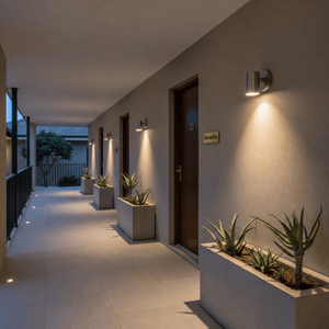 Modern outdoor wall lights illuminating a stylish entrance with potted plants and a reception sign.