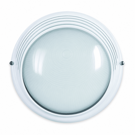 White 240mm ESL bulkhead light with a round design and textured glass cover.
