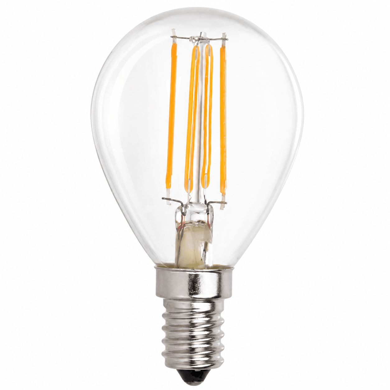 LED filament golf ball bulb with E14 cap, showcasing warm glow and classic design.