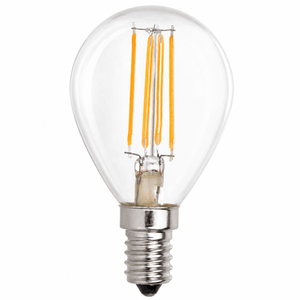 LED filament golf ball bulb with E14 cap, showcasing warm glow and classic design.