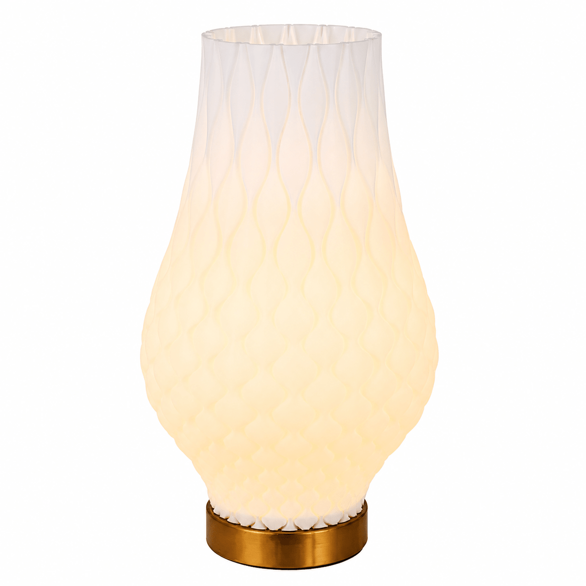 Modern 3D-printed table lamp with a textured white shade and brass base, emitting warm light.