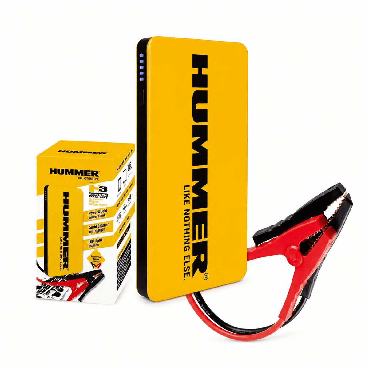 Hummer 12V Jump Starter with clamps and packaging, showcasing its compact design and features.