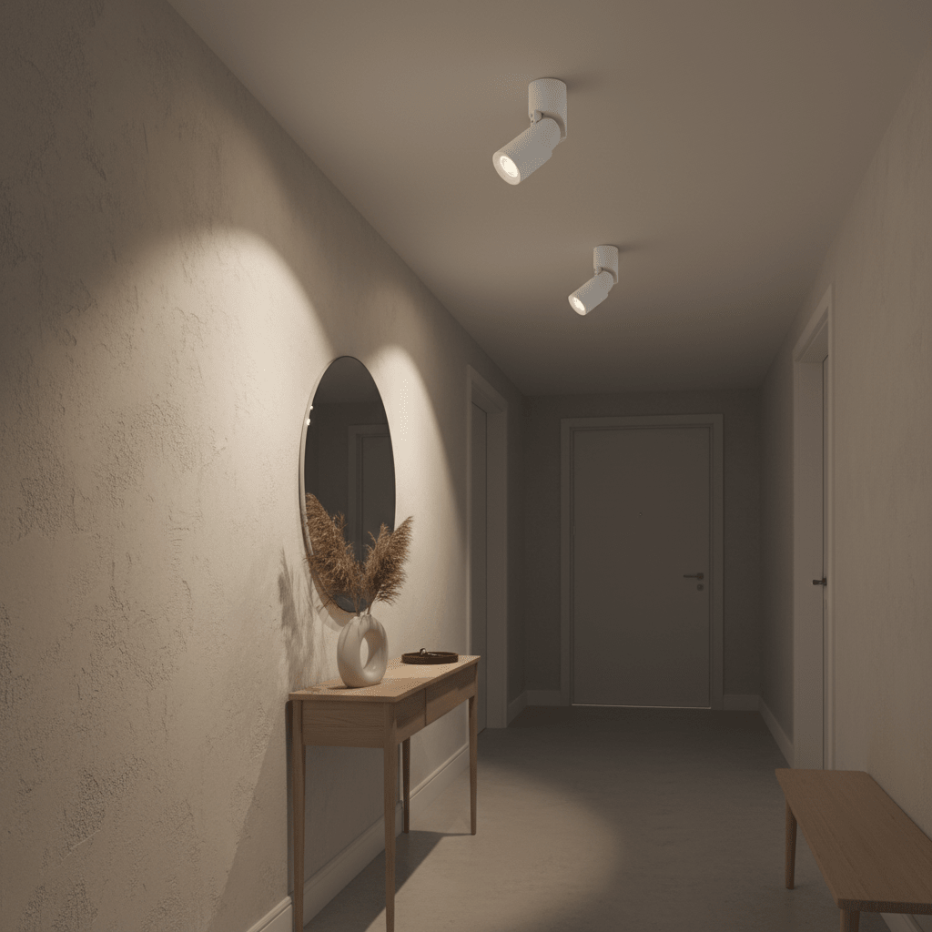 Two adjustable surface mount downlights illuminating a hallway with a mirror and decorative vase.