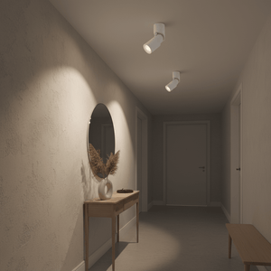 Two adjustable surface mount downlights illuminating a hallway with a mirror and decorative vase.