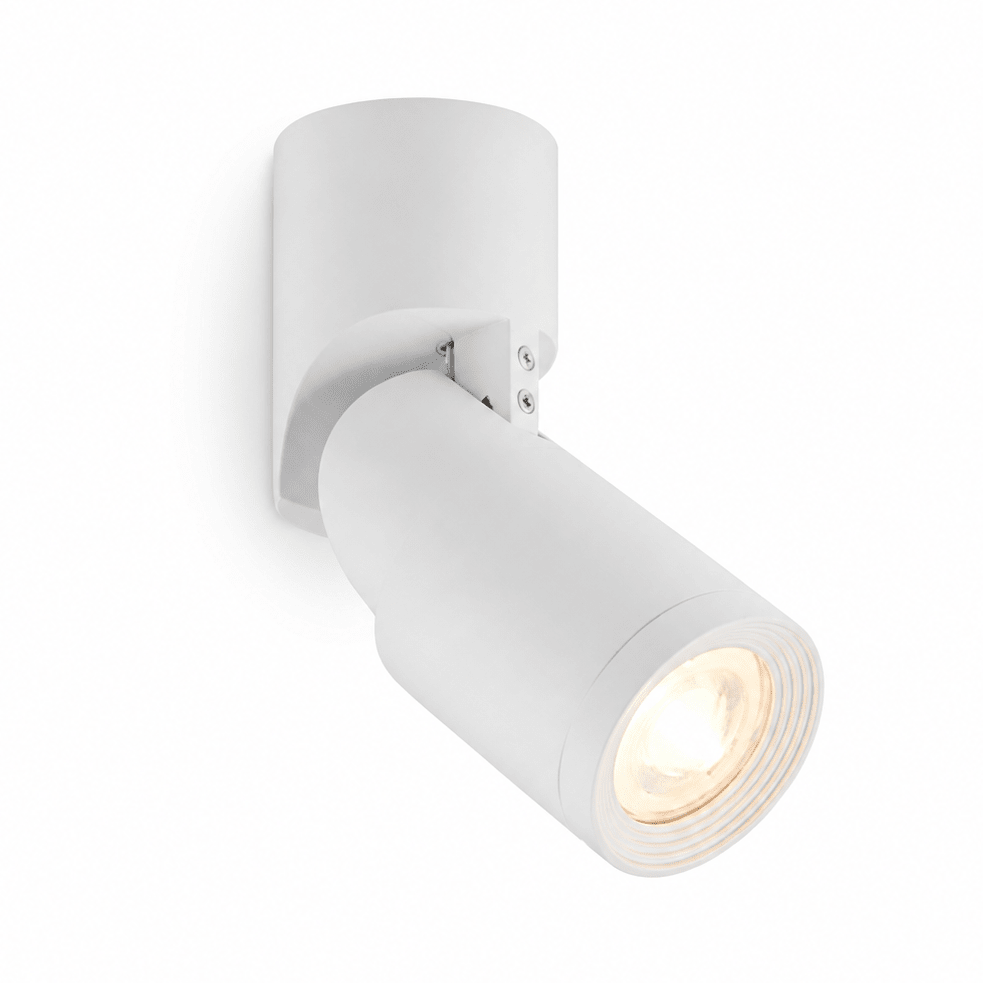 Adjustable surface mount downlight holder in white, designed for focused accent lighting.
